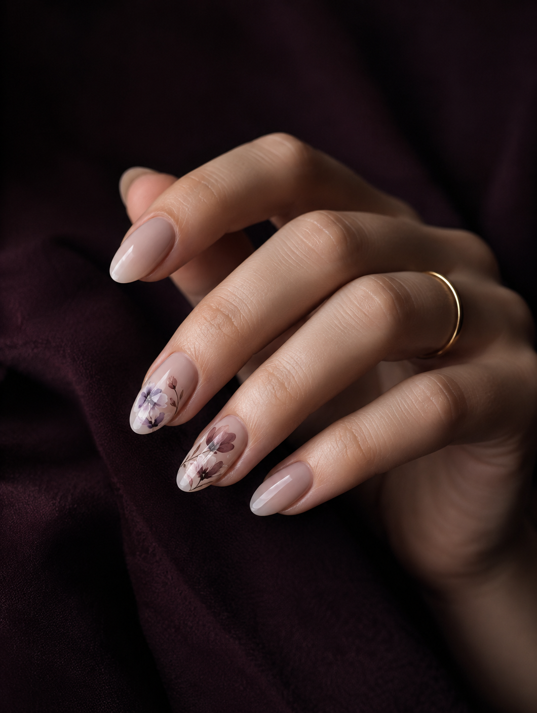 Dłoń z delikatnym manicure i akwarelowymi kwiatami na śliwkowym tle